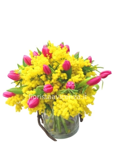 Bouquet di tulipani e mimosa per la festa della donna.