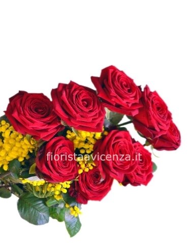 3 Rose rosse a stelo lungo con aggiunta di mimosa